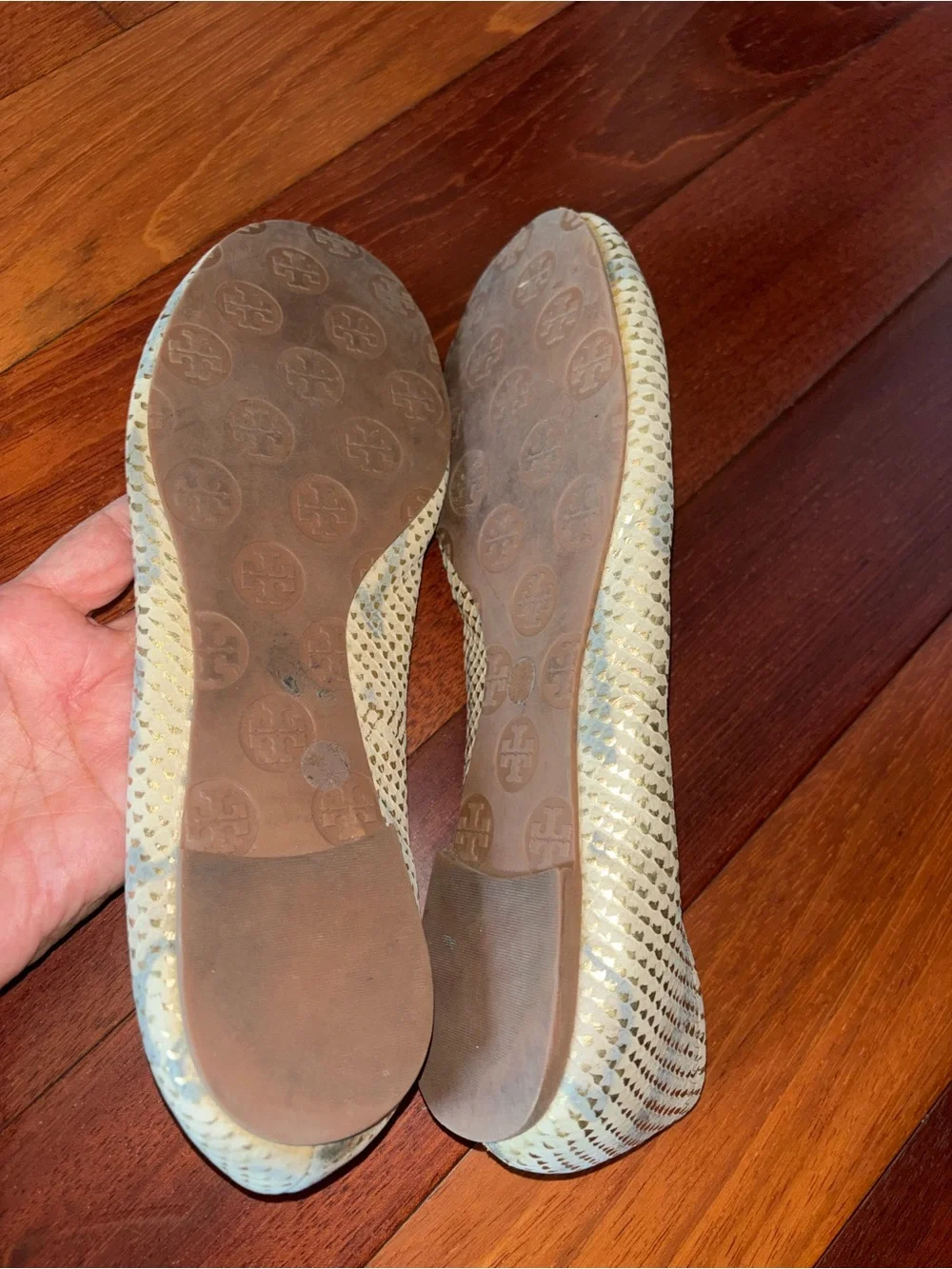 Tory Burch Cream Snakeskin-Embossed Ballet Flats with Gold Logo